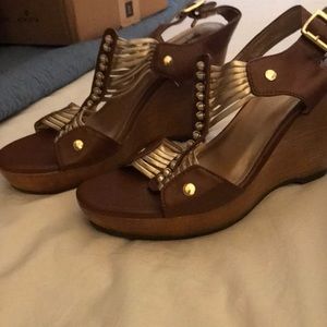 Gold and brown strap wedges